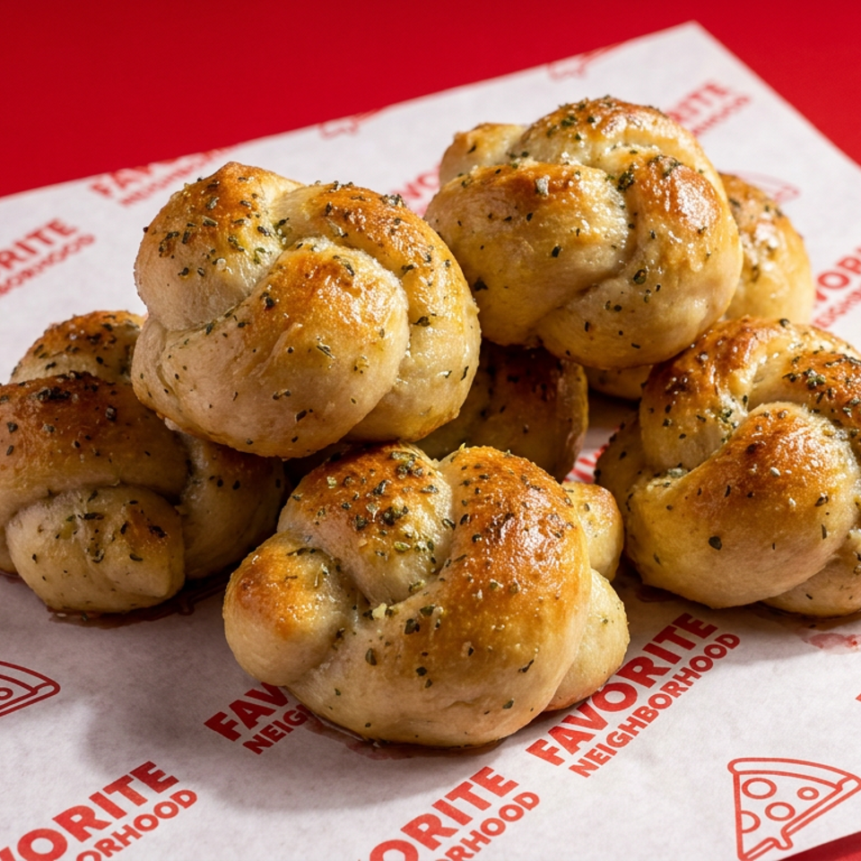 Golden-brown seasoned pizza dough bites arranged on branded Favorite Neighborhood pizzeria paper against a red background.