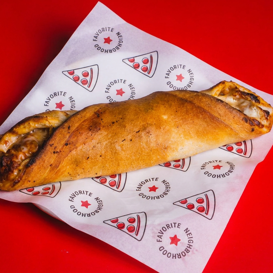 Golden-brown folded calzone with melted cheese filling rests on branded paper against a bright red background.
