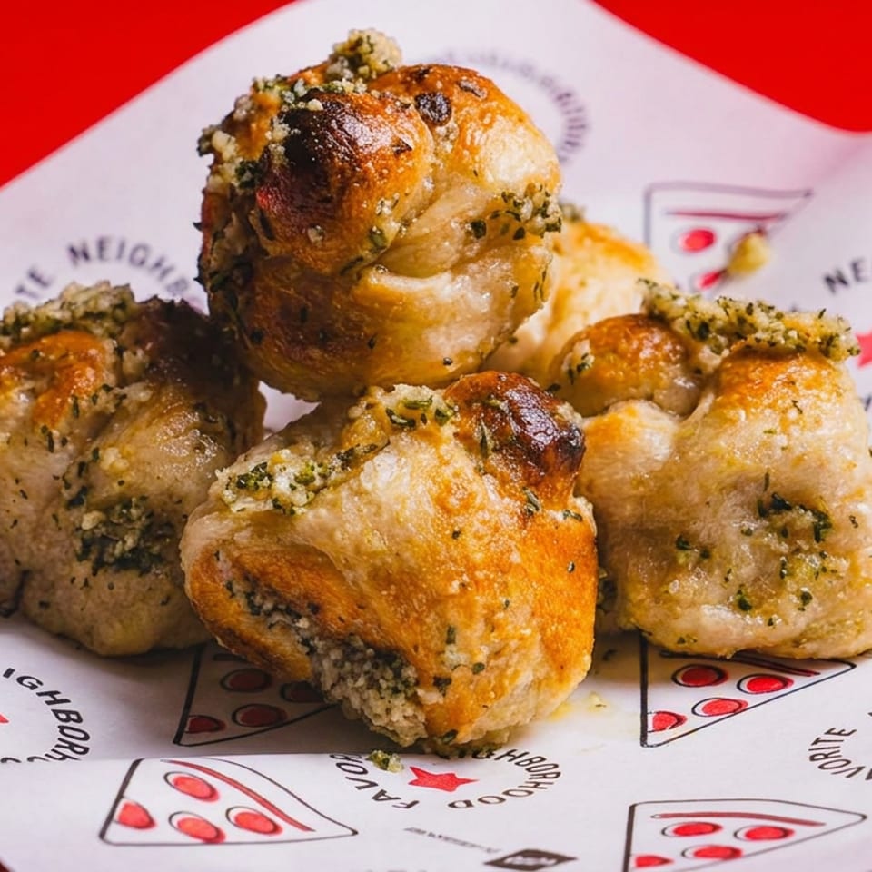 Golden baked garlic knots sprinkled with herbs, served on branded pizza-shop paper against a red background.